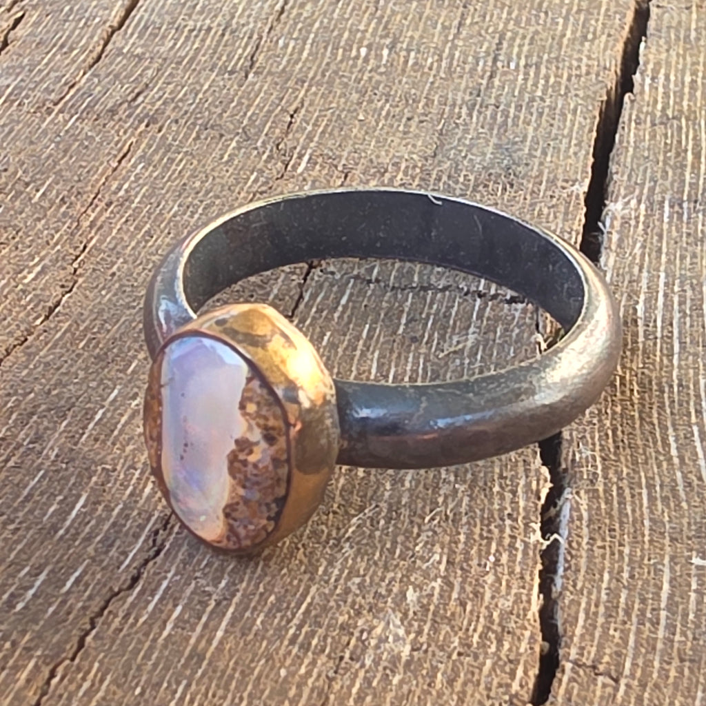 Sz 9.75 Australian Boulder Opal Nand Blackened Sterling Stacker with 14GF Bezel
