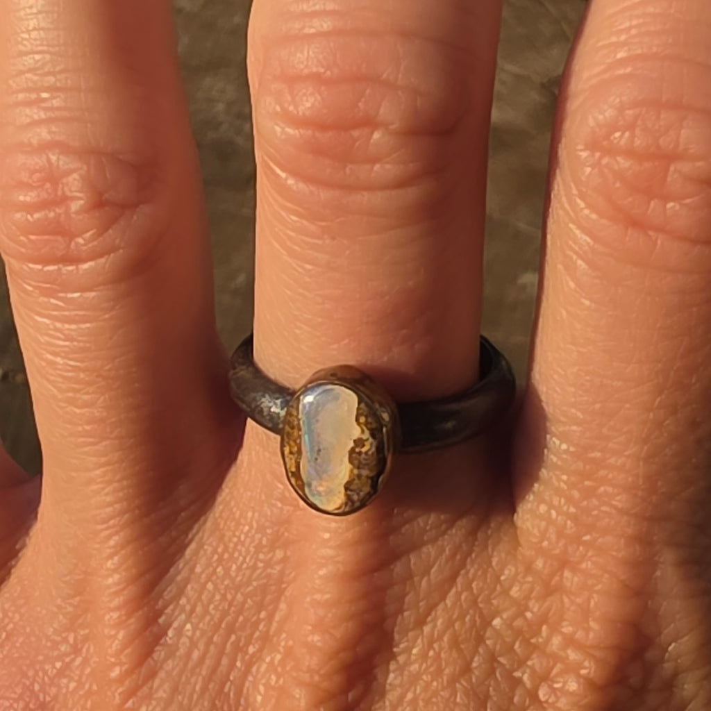 Sz 9.75 Australian Boulder Opal Nand Blackened Sterling Stacker with 14GF Bezel