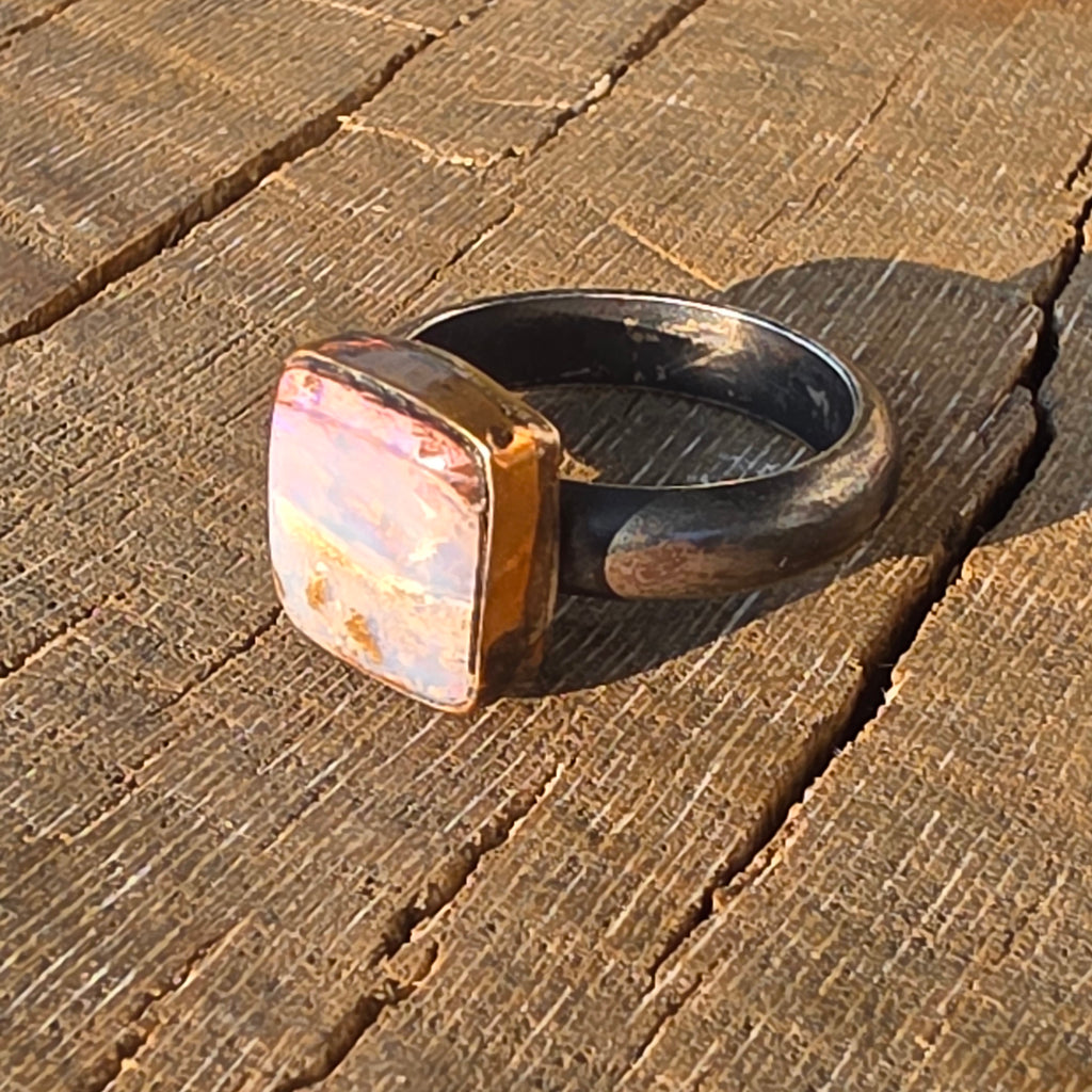 Sz 5.75 Australian Boulder Opal and Blackened Sterling Stacker with 14GF Bezel