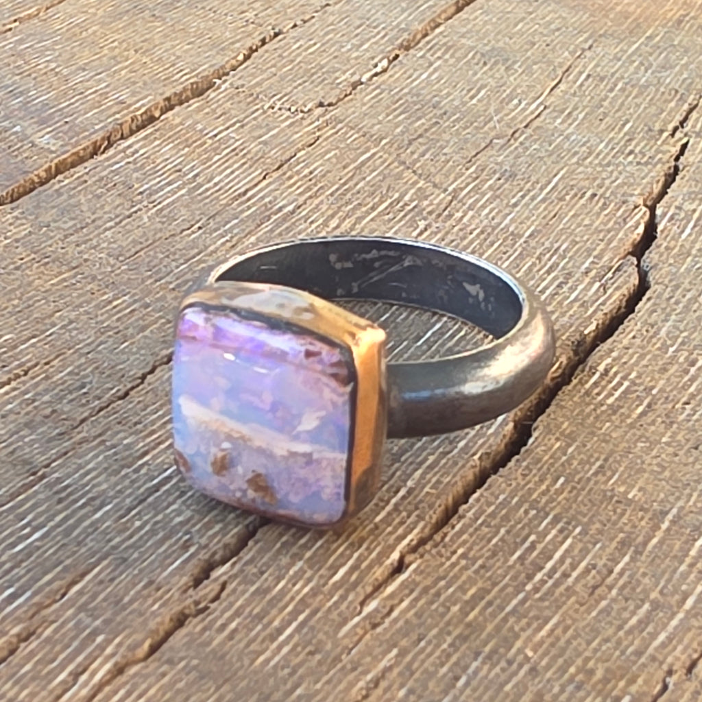 Sz 5.75 Australian Boulder Opal and Blackened Sterling Stacker with 14GF Bezel