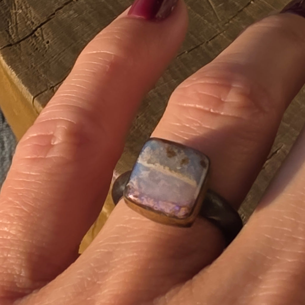 Sz 5.75 Australian Boulder Opal and Blackened Sterling Stacker with 14GF Bezel