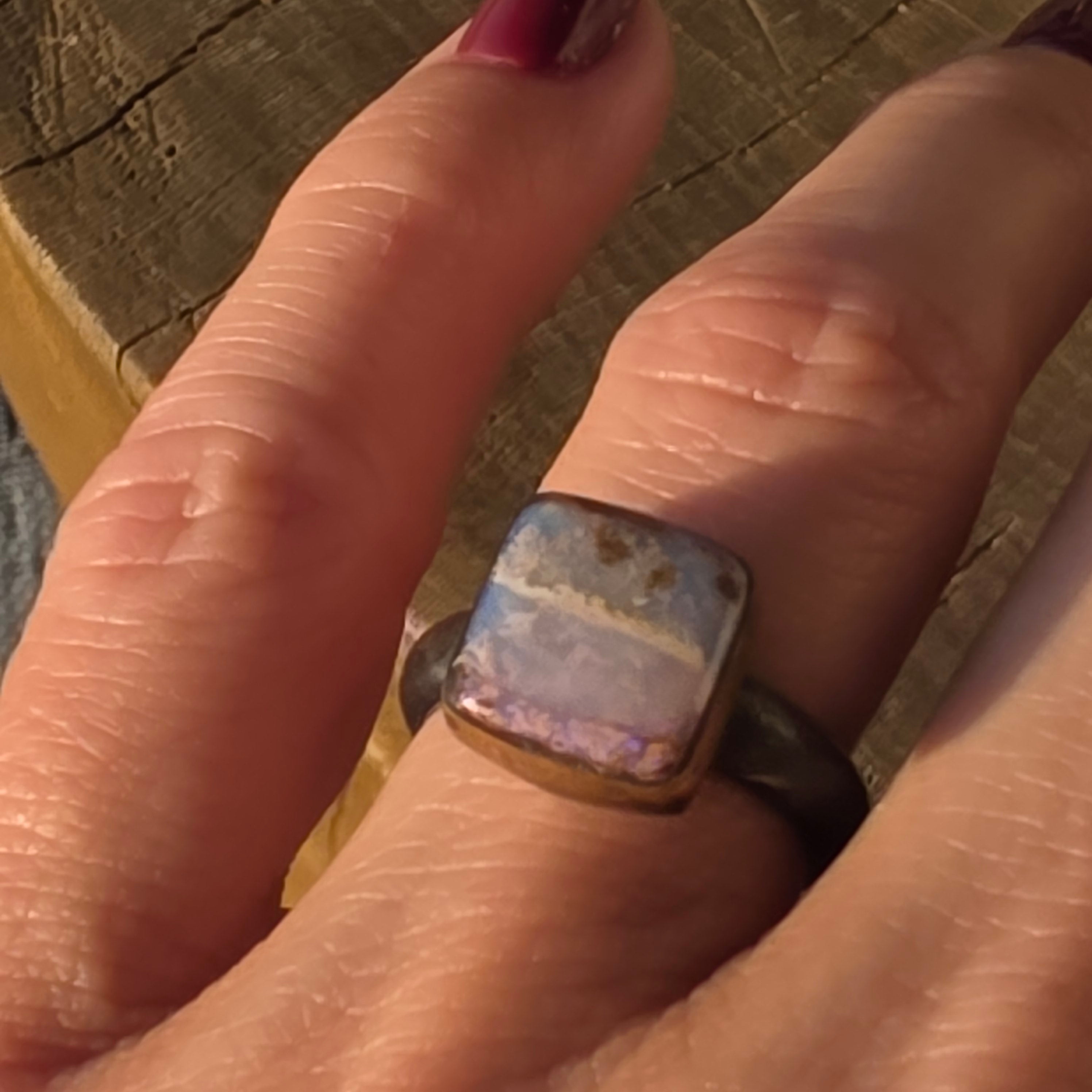 Sz 5.75 Australian Boulder Opal and Blackened Sterling Stacker with 14GF Bezel