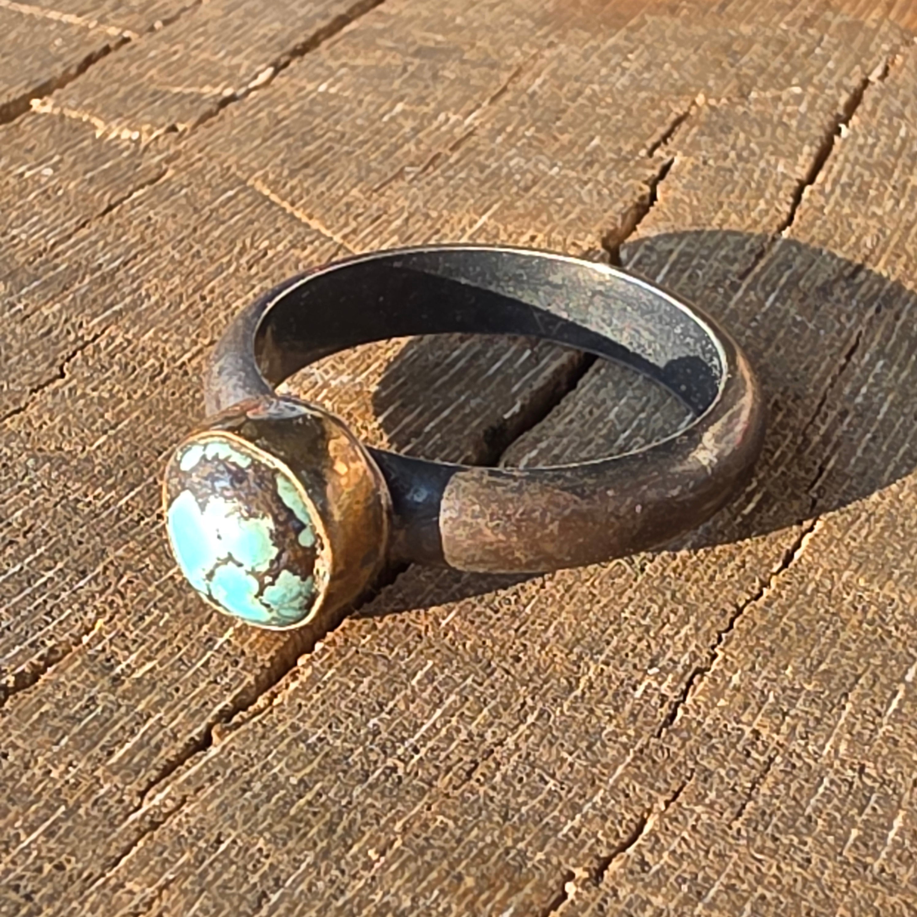 Sz 7.5 Pilot Mountain Turquoise and Blackened Sterling Stacker with 14GF Bezel