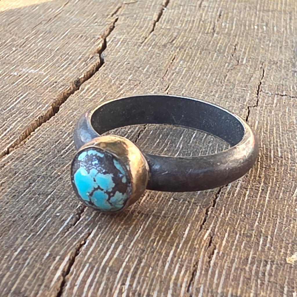 Sz 7.5 Pilot Mountain Turquoise and Blackened Sterling Stacker with 14GF Bezel