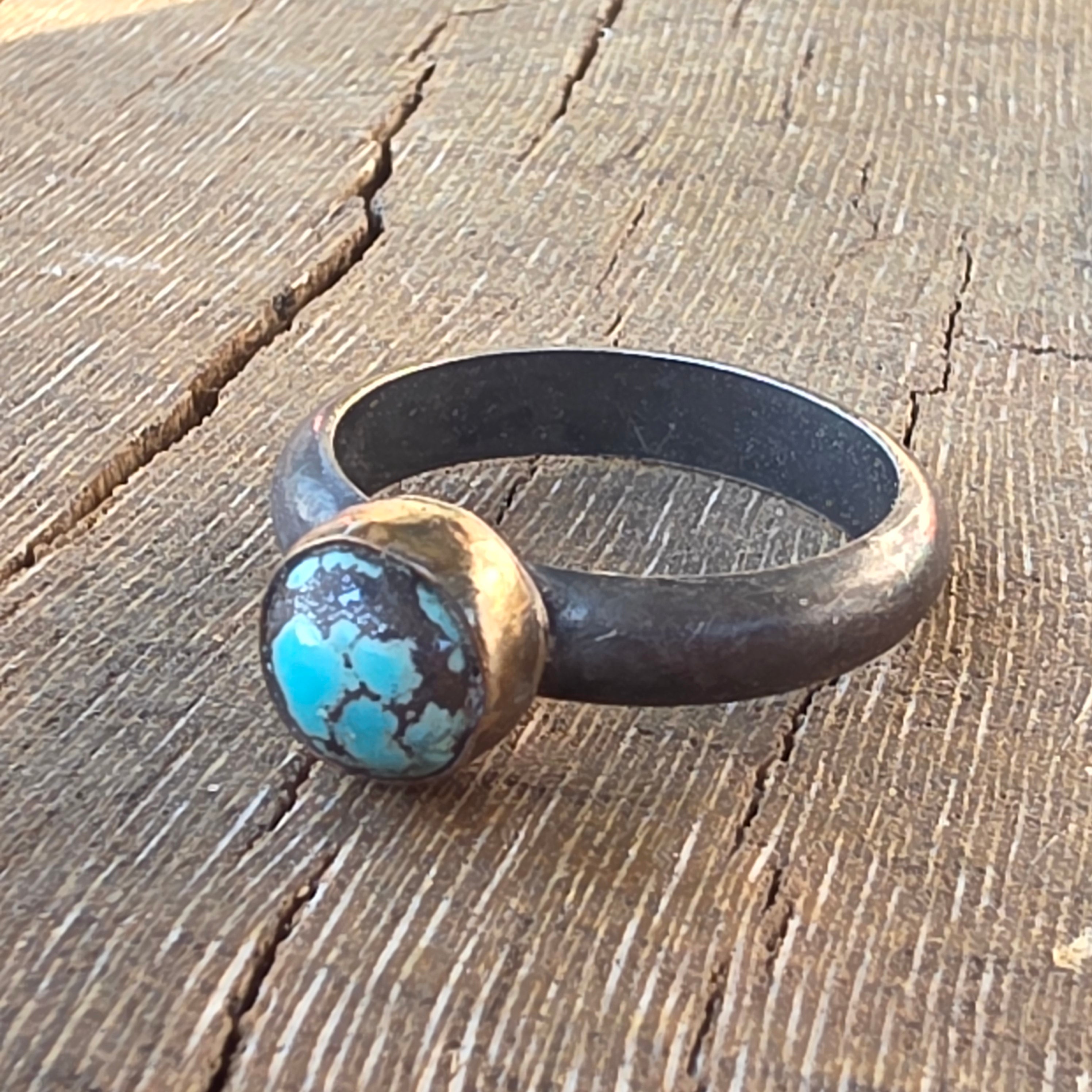 Sz 7.5 Pilot Mountain Turquoise and Blackened Sterling Stacker with 14GF Bezel