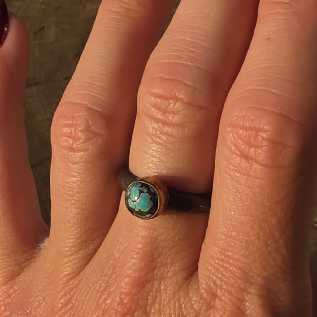 Sz 7.5 Pilot Mountain Turquoise and Blackened Sterling Stacker with 14GF Bezel