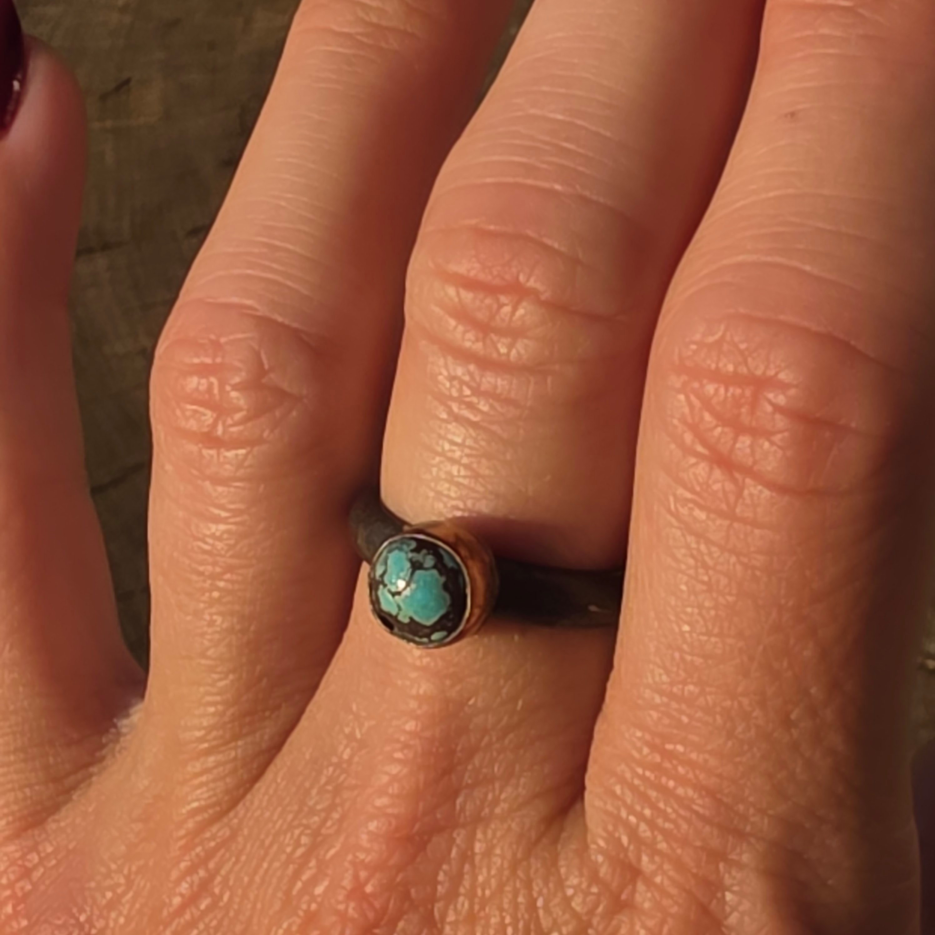 Sz 7.5 Pilot Mountain Turquoise and Blackened Sterling Stacker with 14GF Bezel