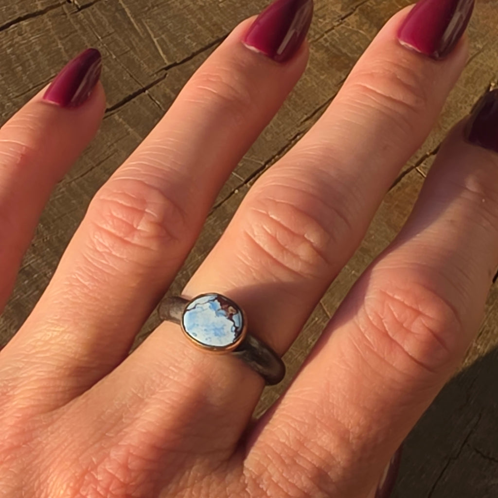 Sz 7.75 Golden Hills Turquoise and Blackened Sterling Stacker with 14GF Bezel