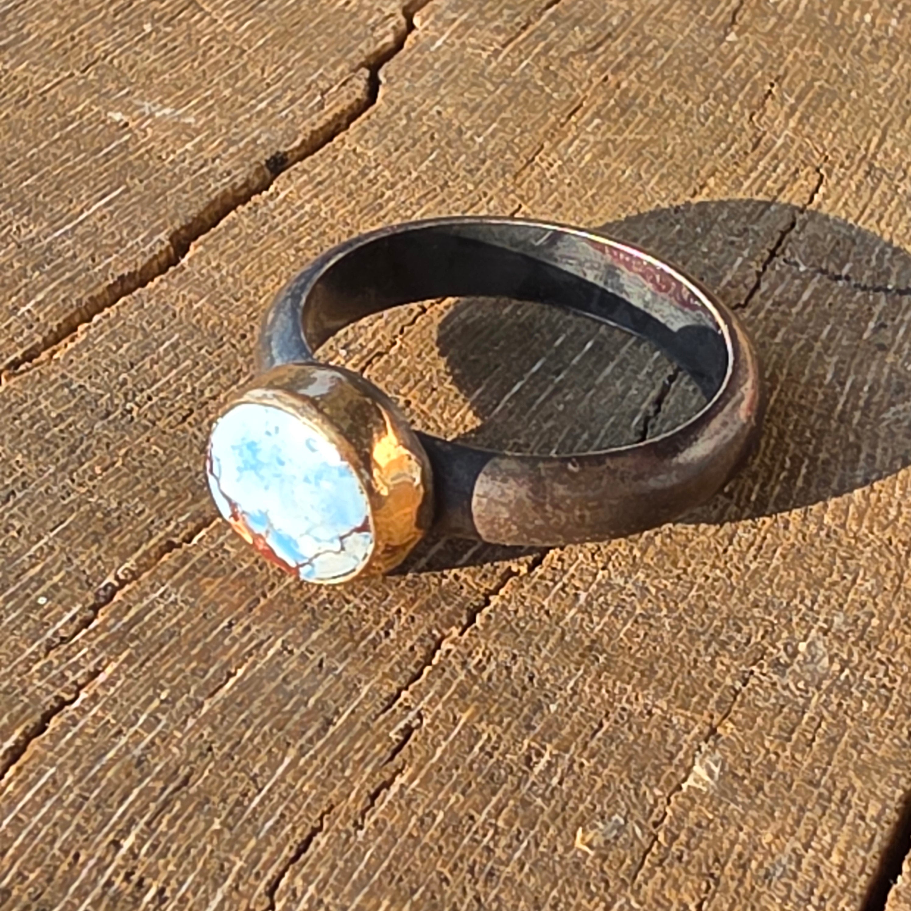 Sz 7.75 Golden Hills Turquoise and Blackened Sterling Stacker with 14GF Bezel