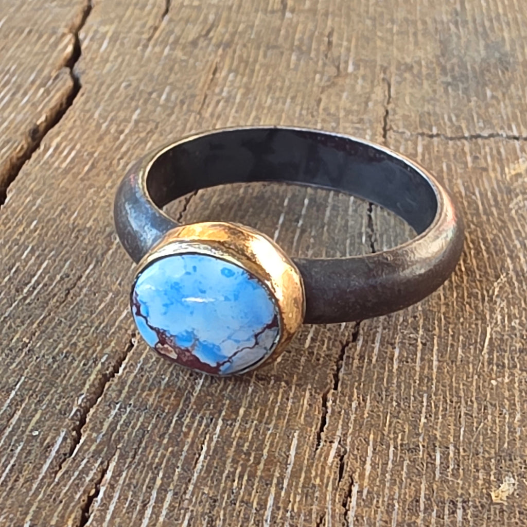 Sz 7.75 Golden Hills Turquoise and Blackened Sterling Stacker with 14GF Bezel