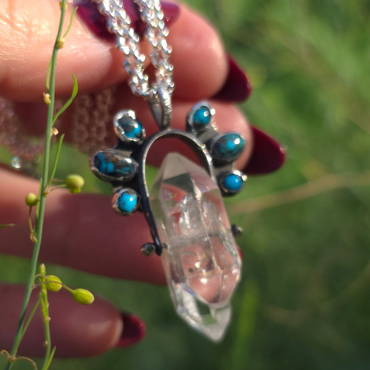 Herkimer Diamond,  old stock Morenci Turquoise Spinner Pendant Necklace