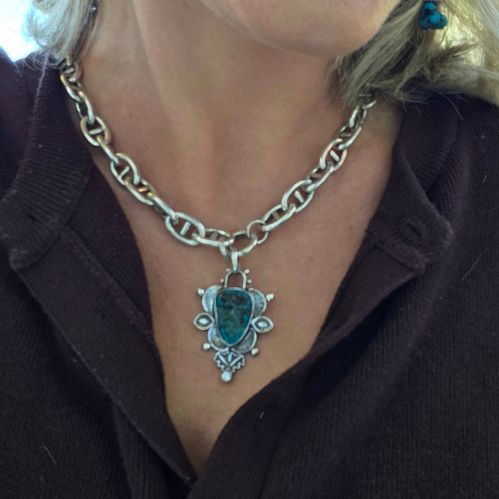 Turquoise Nugget Stamped Pendant Necklace
