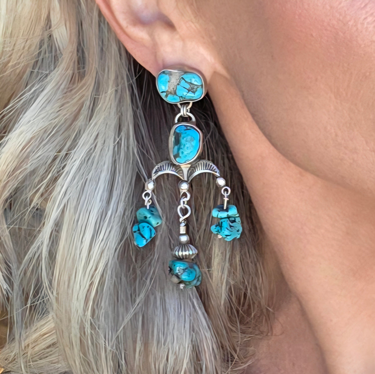 Turquoise Nugget and Sterling Silver Chandelier earrings