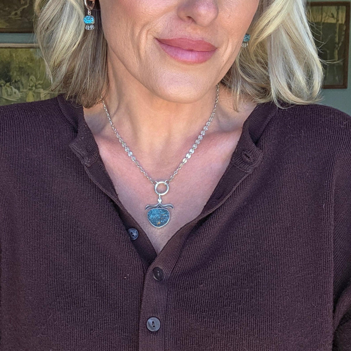 Blue Diamond Turquoise Stamped Pendant Necklace