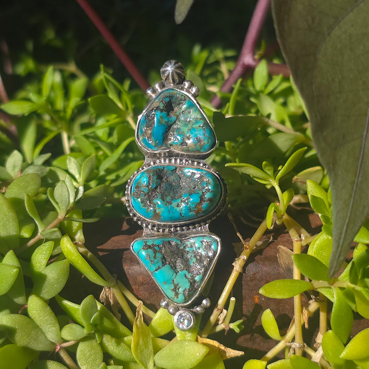 Size 7.5 Turquoise Nugget, CZ  and Wide Double Stamped Band Ring