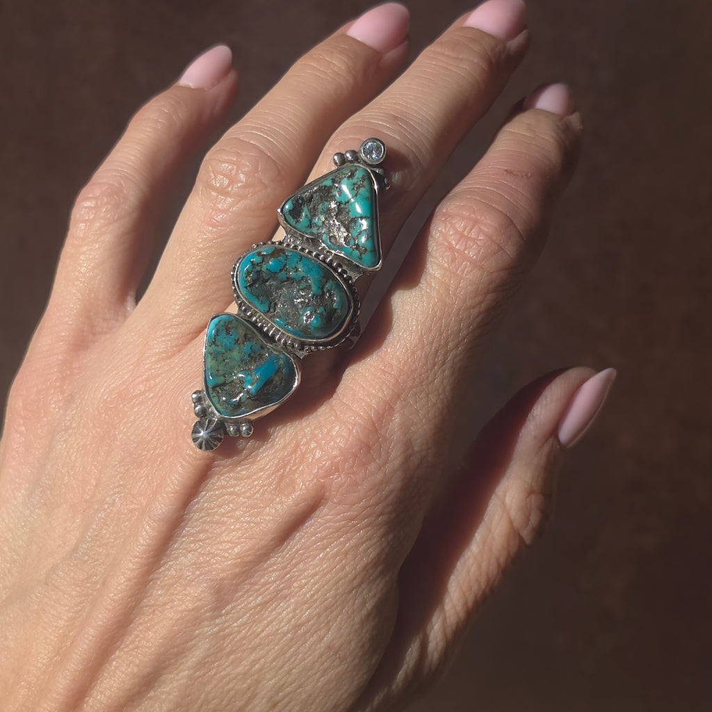 Size 7.5 Turquoise Nugget, CZ  and Wide Double Stamped Band Ring