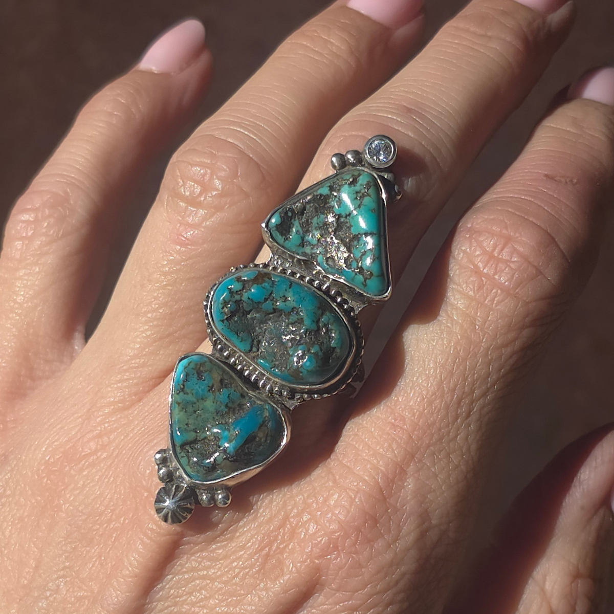 Size 7.5 Turquoise Nugget, CZ  and Wide Double Stamped Band Ring
