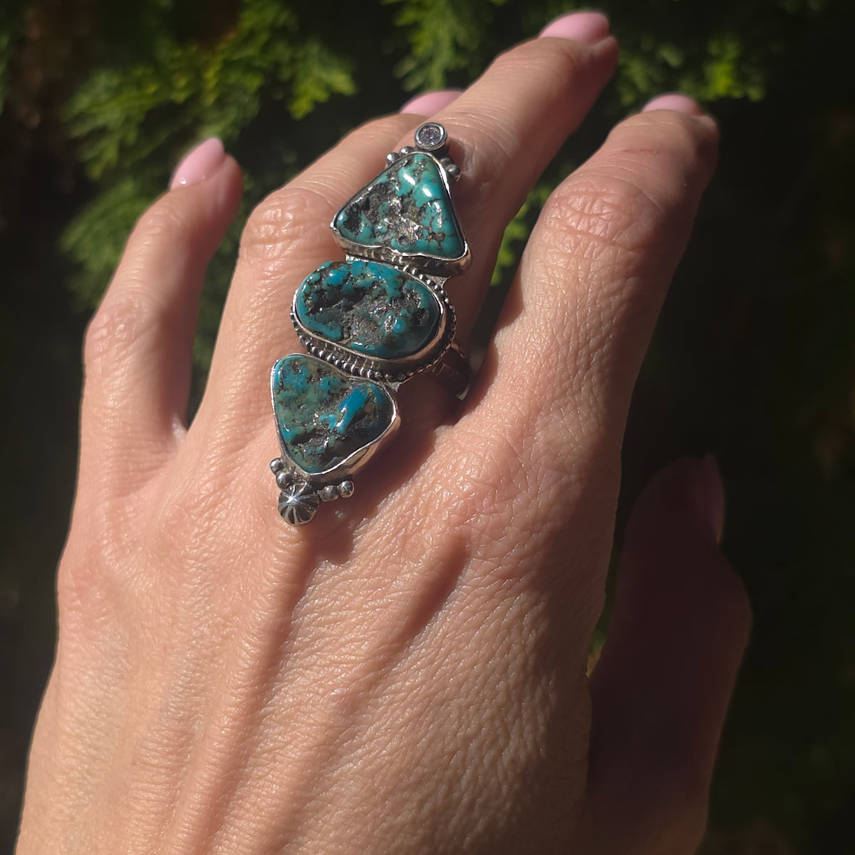 Size 7.5 Turquoise Nugget, CZ  and Wide Double Stamped Band Ring