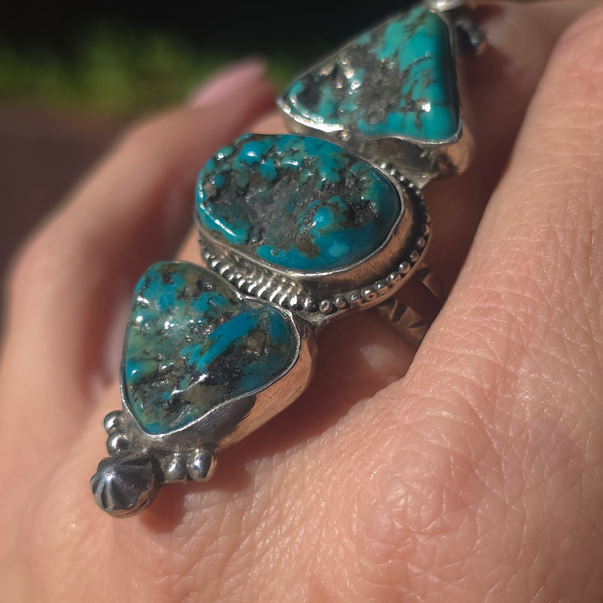 Size 7.5 Turquoise Nugget, CZ  and Wide Double Stamped Band Ring
