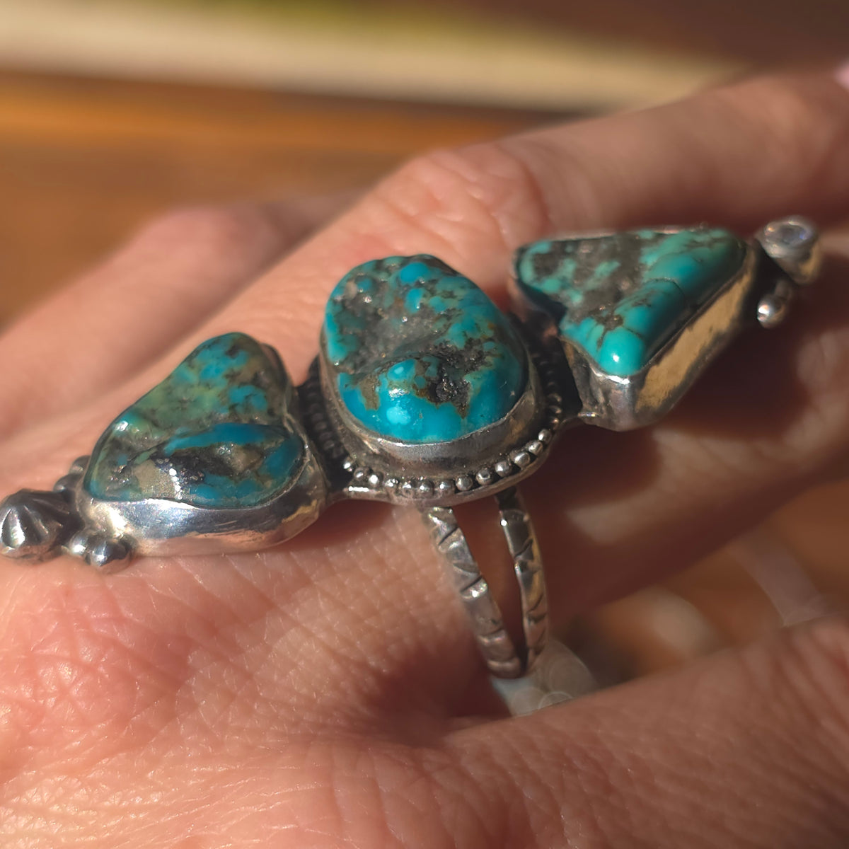 Size 7.5 Turquoise Nugget, CZ  and Wide Double Stamped Band Ring