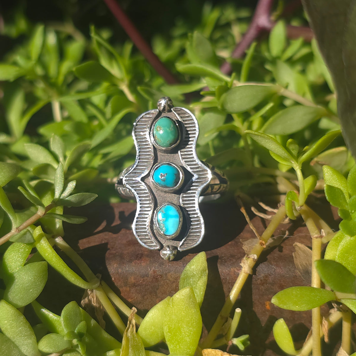 Stepping Stones Ring.     3-Stone Turquoise Nugget and Stamped Sterling Ring Sz 7.5