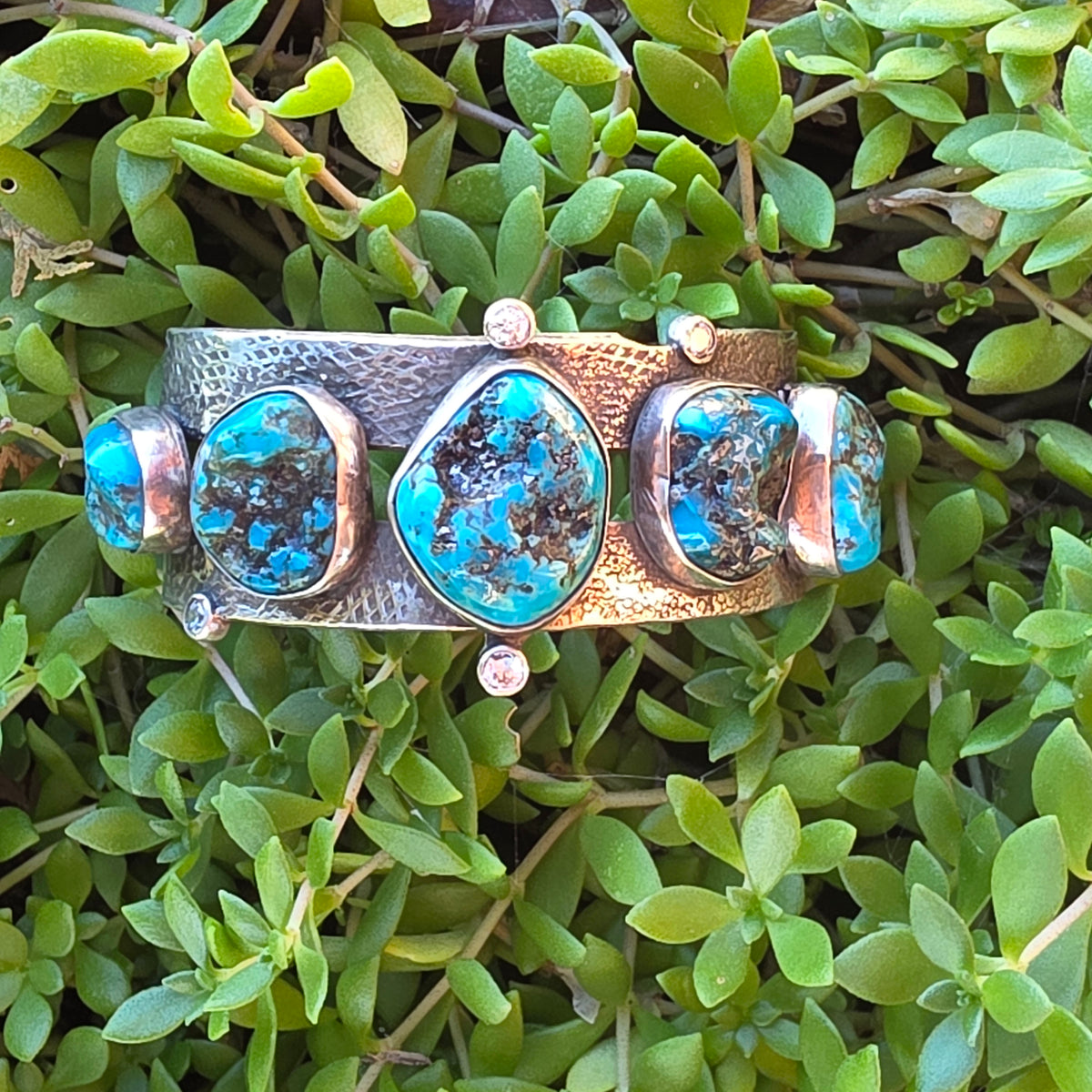Natural Nugget Cut Turquoise, CZ and Hand Textured Sterling Cuff