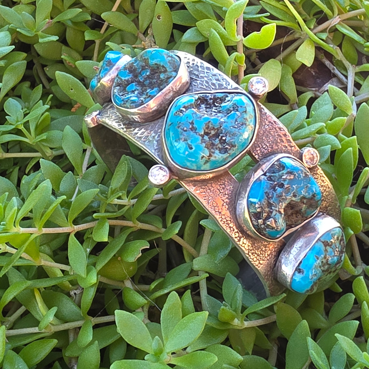 Natural Nugget Cut Turquoise, CZ and Hand Textured Sterling Cuff