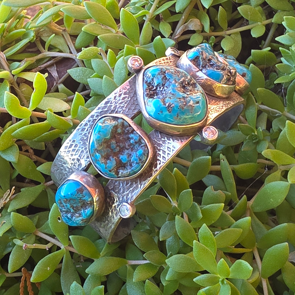 Natural Nugget Cut Turquoise, CZ and Hand Textured Sterling Cuff