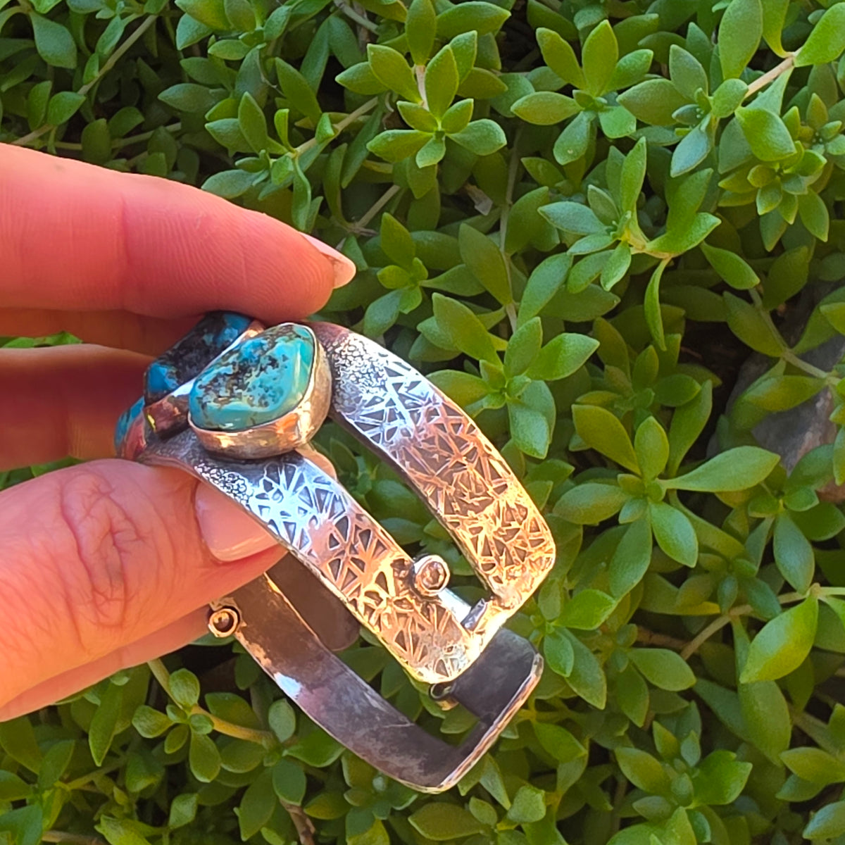 Natural Nugget Cut Turquoise, CZ and Hand Textured Sterling Cuff