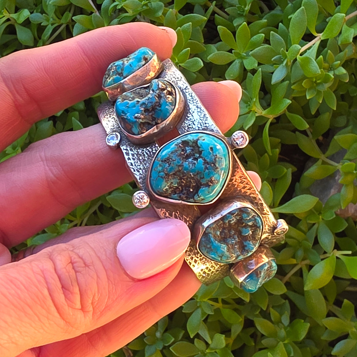 Natural Nugget Cut Turquoise, CZ and Hand Textured Sterling Cuff