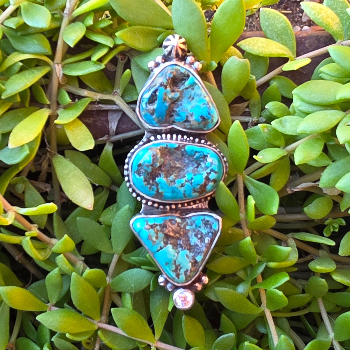 Size 7.5 Turquoise Nugget, CZ  and Wide Double Stamped Band Ring