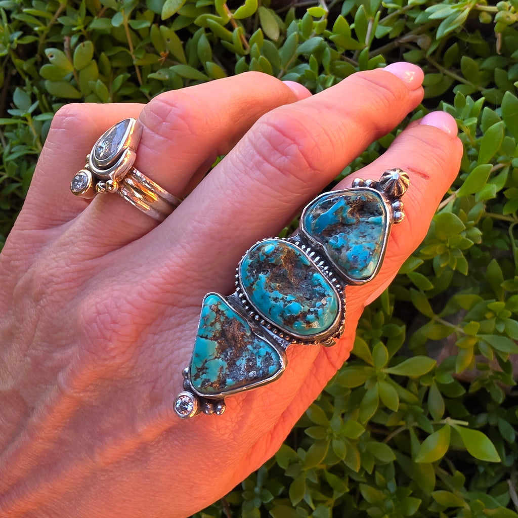 Size 7.5 Turquoise Nugget, CZ  and Wide Double Stamped Band Ring