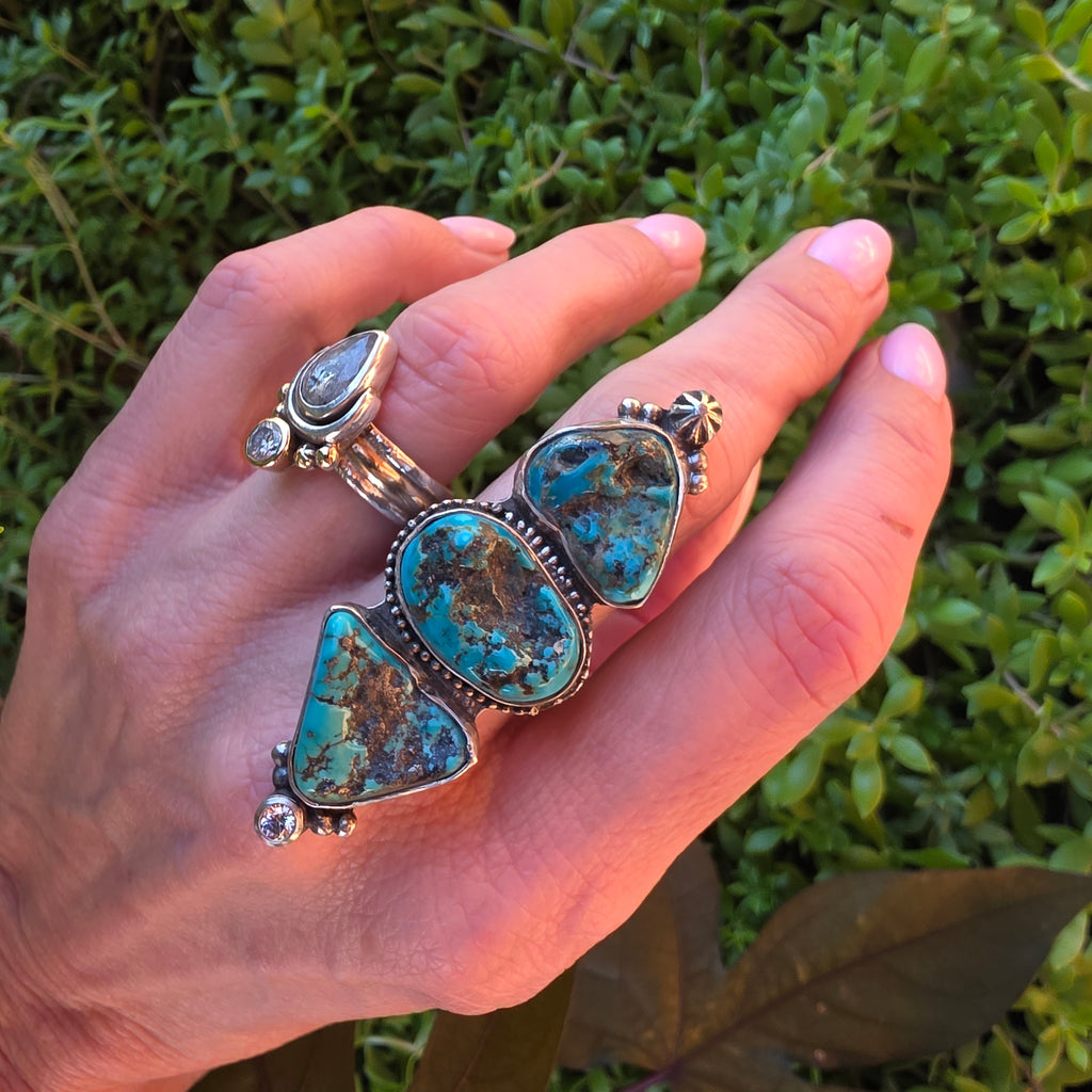 Size 7.5 Turquoise Nugget, CZ  and Wide Double Stamped Band Ring