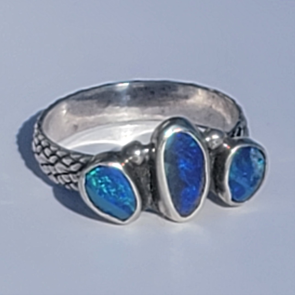 Sz. 7 Australian Opal Triple Stone Crown Ring