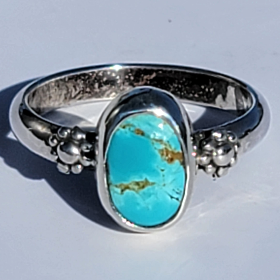 Sz. 9 Royston Turquoise and Stamped Details Sterling Ring