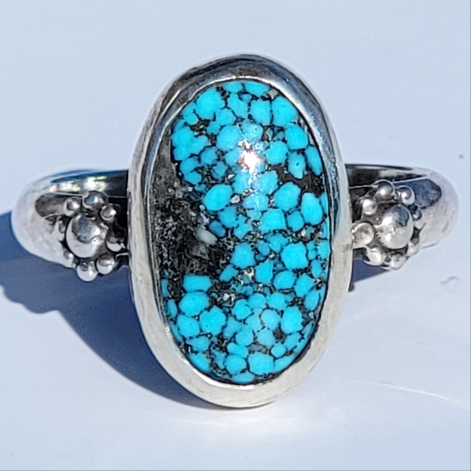 Sz. 7 Kingman Web Turquoise and Stamped Details Sterling Ring
