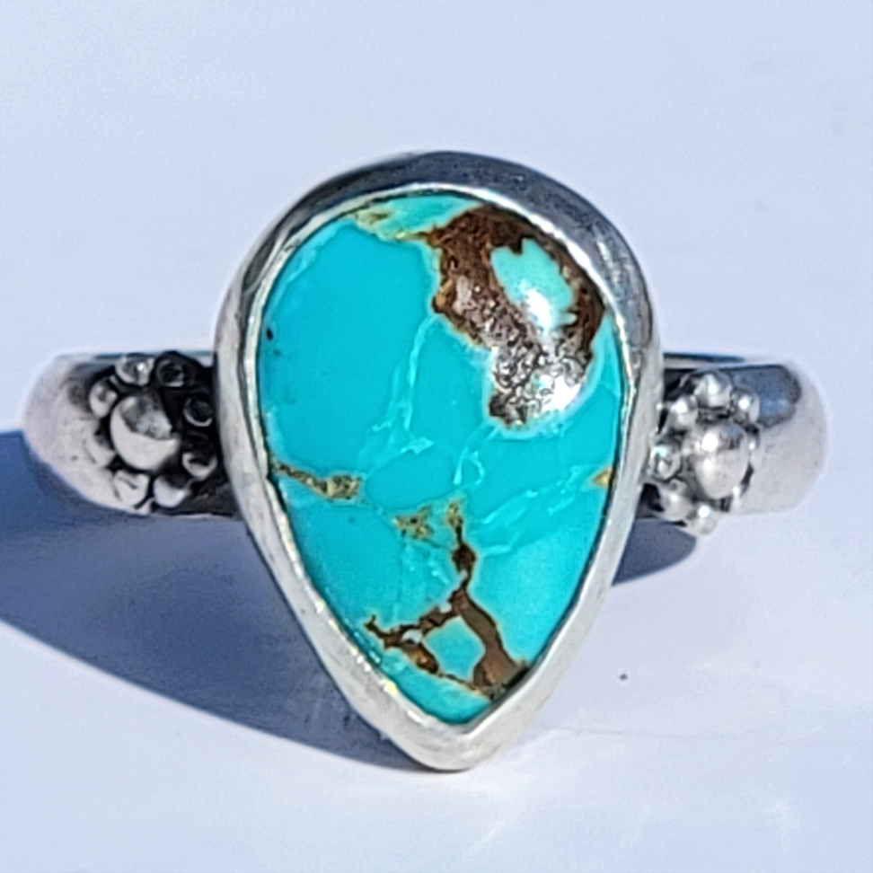 Sz. 6.5 Royston Turquoise and Stamped Details Sterling Ring