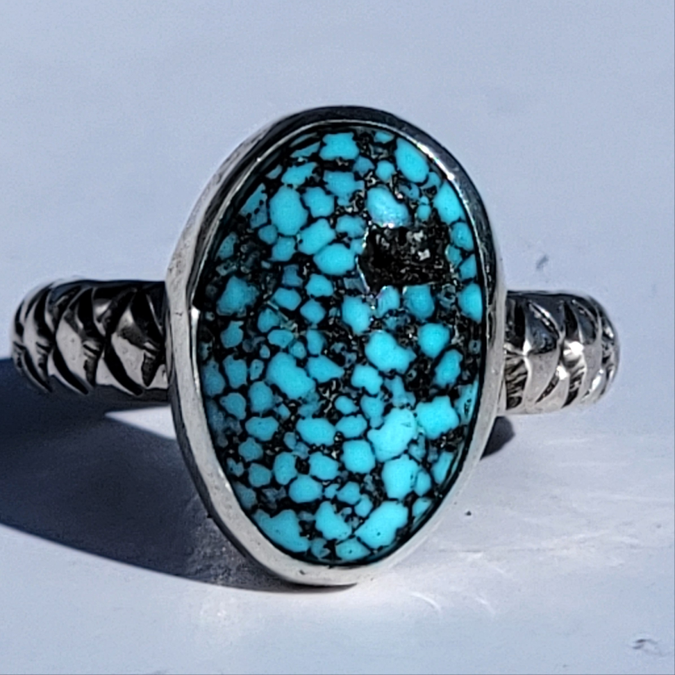 Sz. 7  Kingman Black Web Turquoise and Stamped Details Sterling Ring
