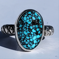 Sz. 7  Kingman Black Web Turquoise and Stamped Details Sterling Ring