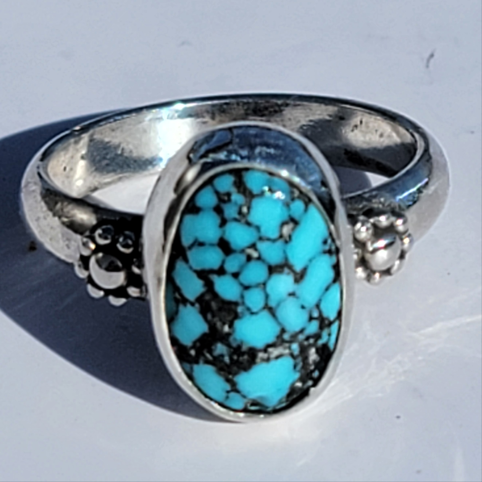 Sz. 8 Kingman Web Turquoise and Stamped Details Sterling Ring
