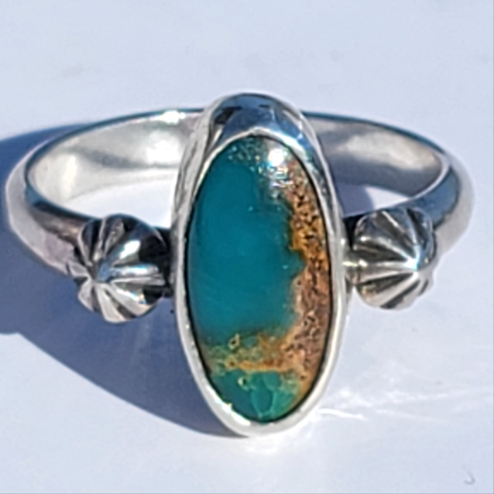 Sz. 8.25  Royston Turquoise and Stamped Details Sterling Ring