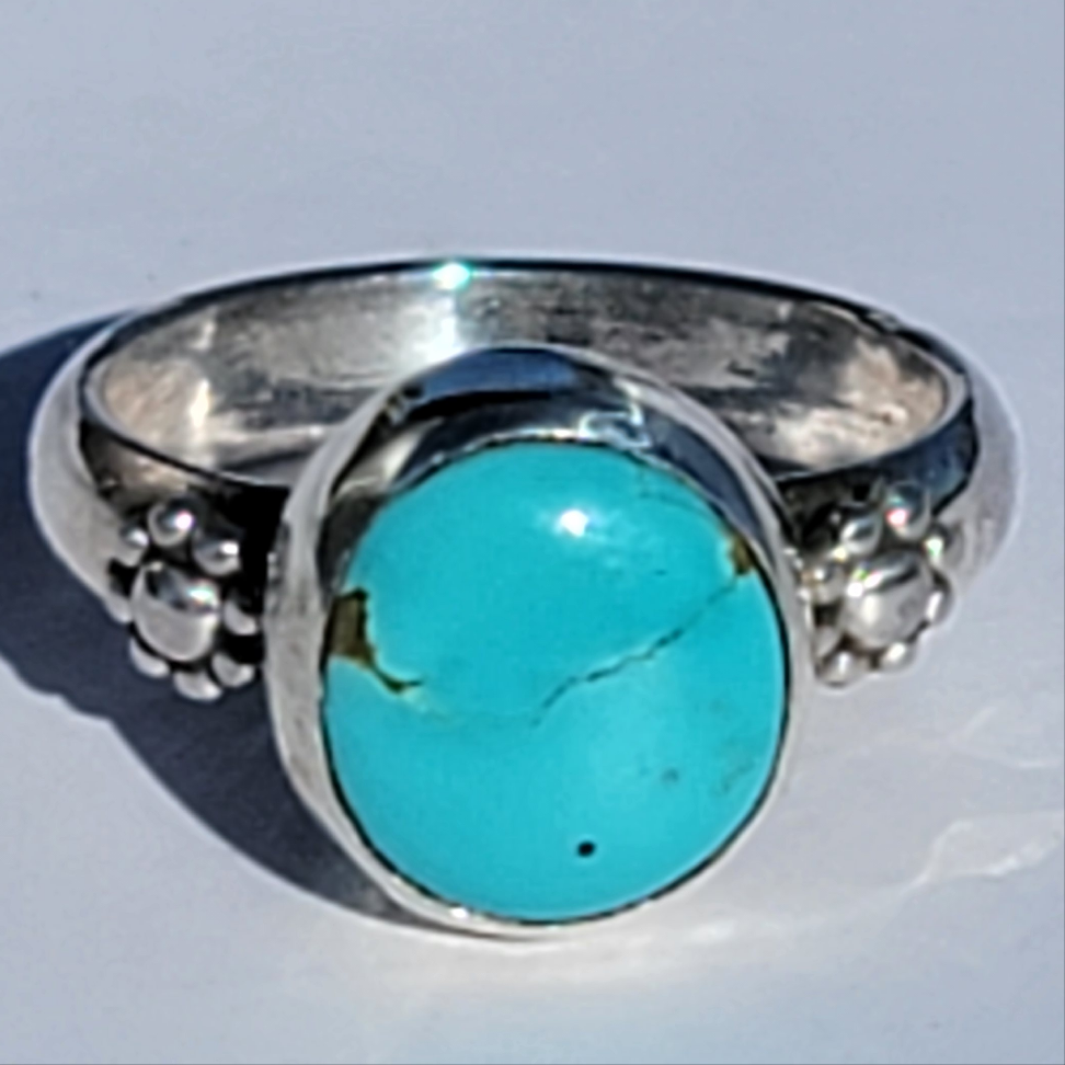 Sz. 5.75  Royston Turquoise and Stamped Details Sterling Ring