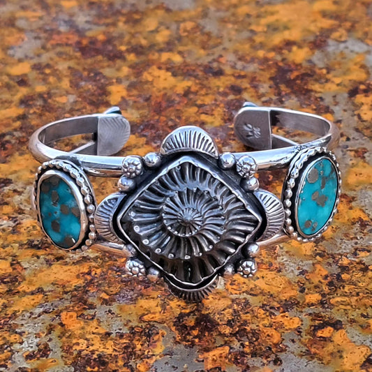 Ammonite Fossil Negative and Persian Turquoise with Stamped sterling details