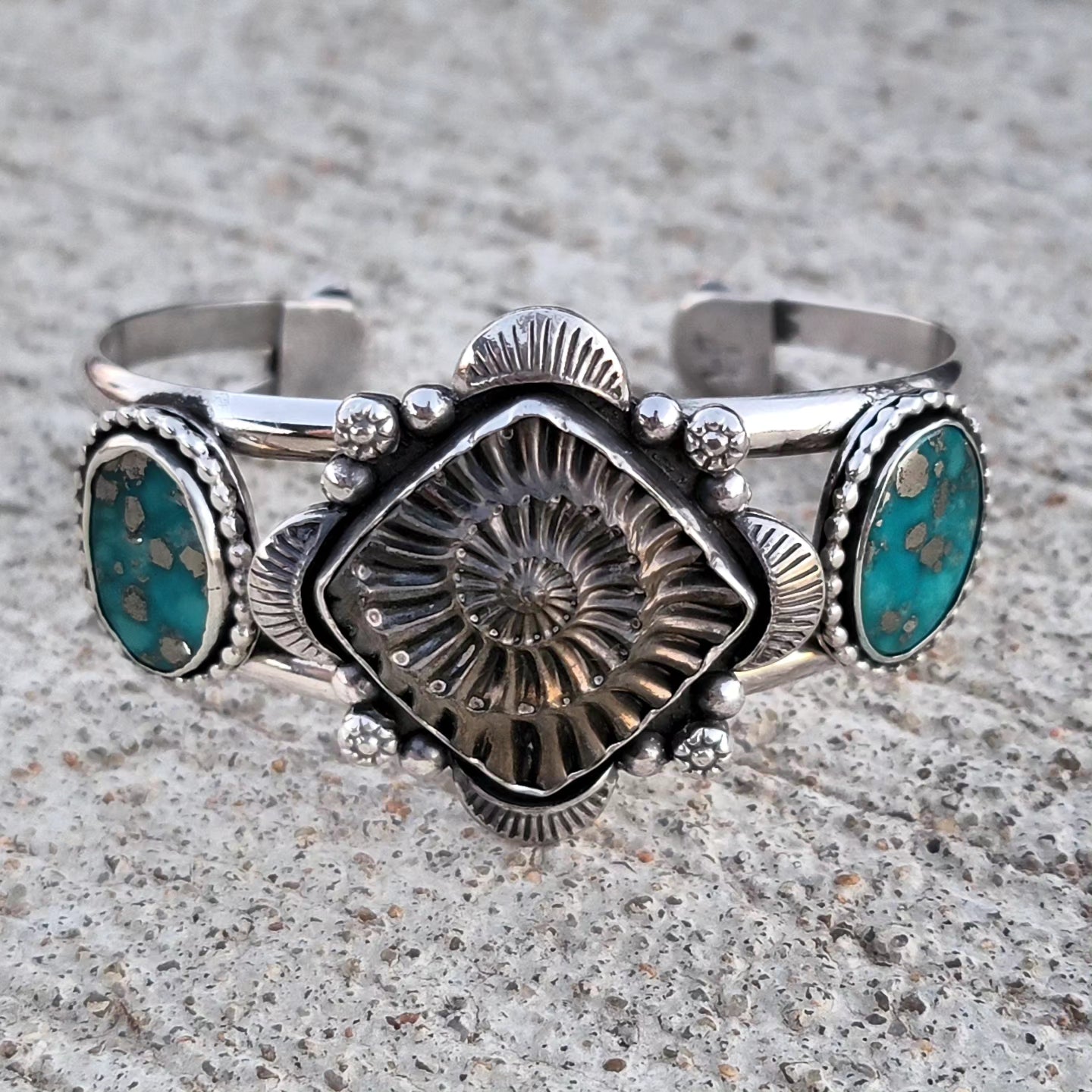 Ammonite Fossil Negative and Persian Turquoise with Stamped sterling details