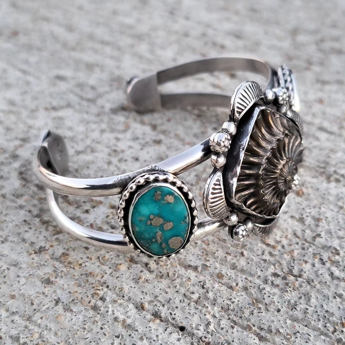 Ammonite Fossil Negative and Persian Turquoise with Stamped sterling details