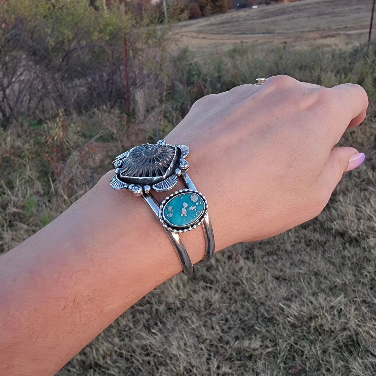 Ammonite Fossil Negative and Persian Turquoise with Stamped sterling details