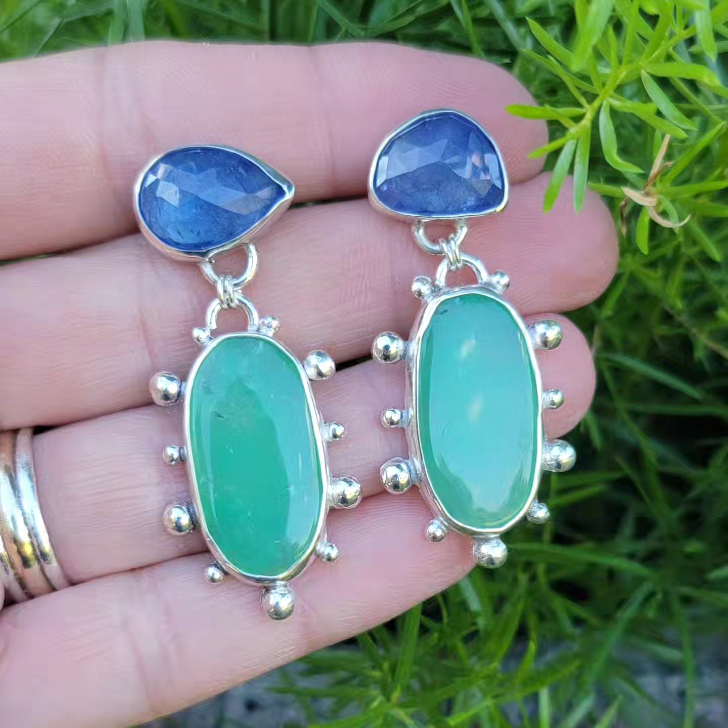 Tanzanite, Chrysoprase and Sterling Earrings