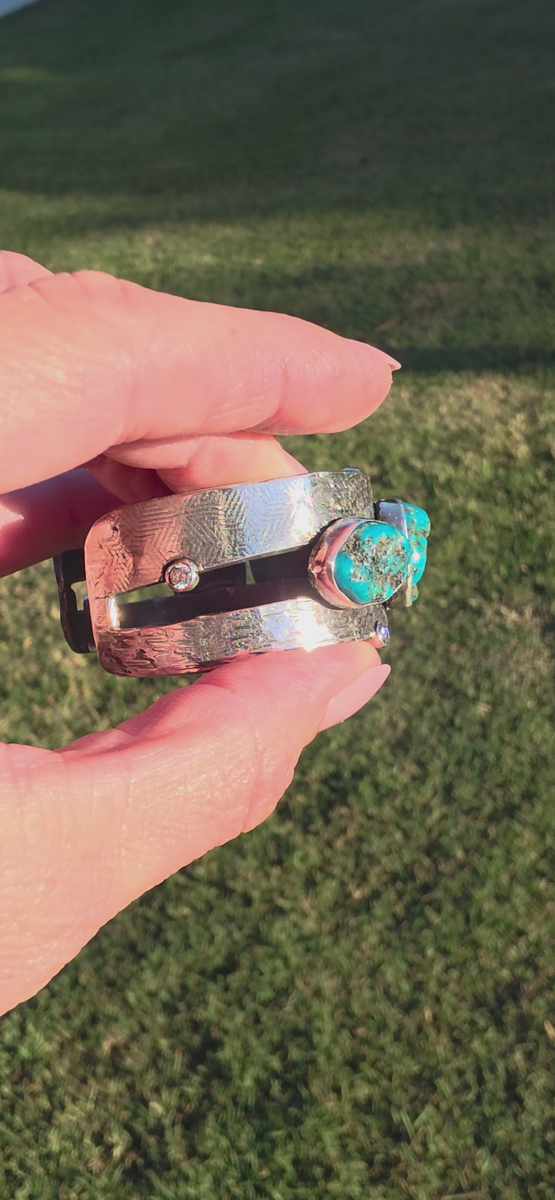Natural Nugget Cut Turquoise, CZ and Hand Textured Sterling Cuff