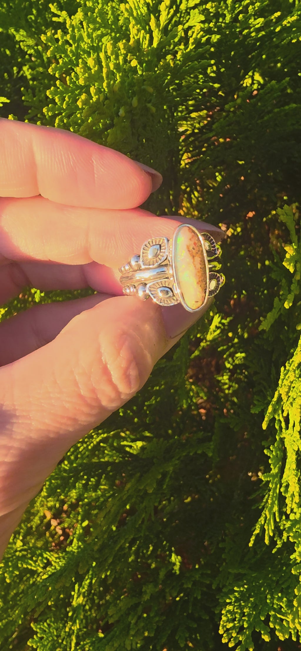 Sz. 7.5 Australian Opal Ring with Unique Handmade Stamped Band