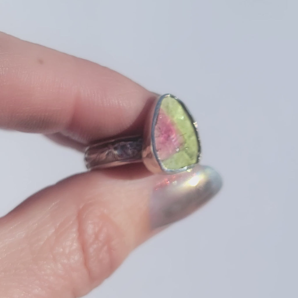 Sz. 8 Watermelon Tourmaline Ring with floral band